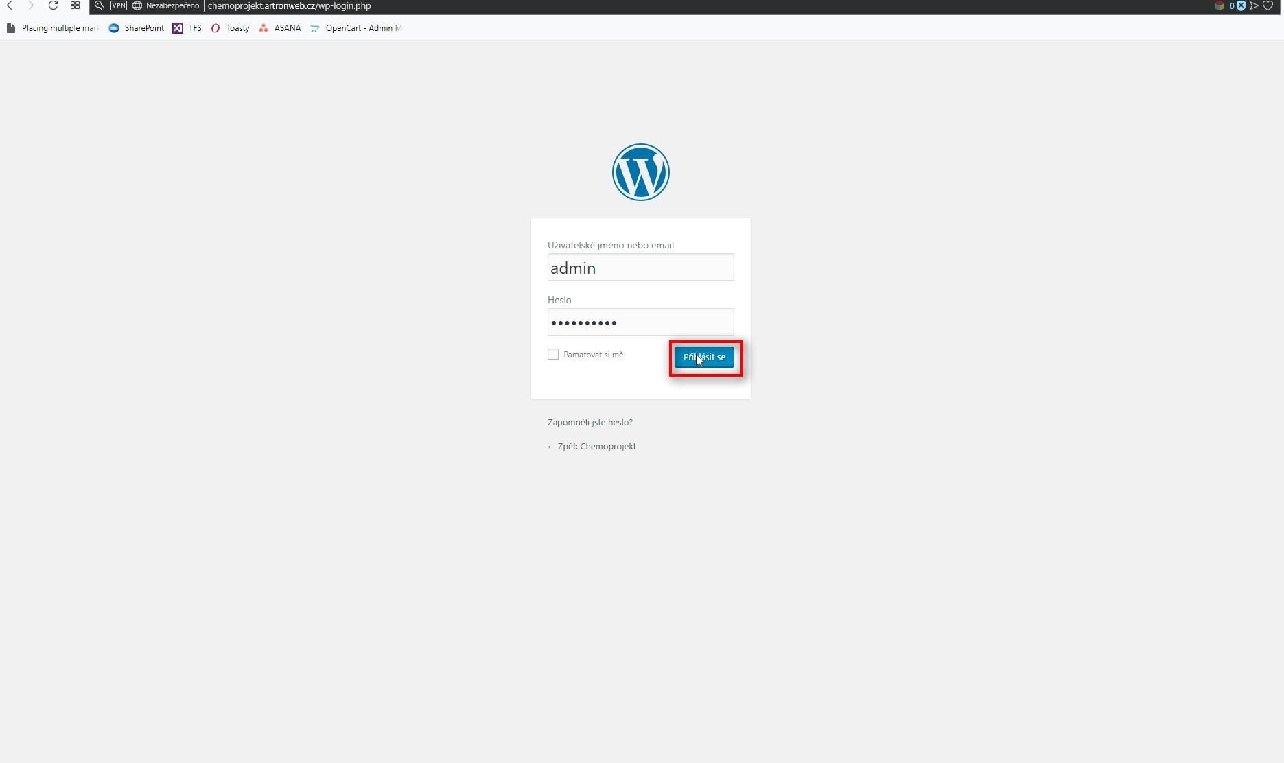 Přihlášení
 Nejprve je třeba se přihlásit do administrace na adrese: chemoprojekt.artronweb.cz 

Vyplňte uživatelské jméno/email a heslo.
Klikněte na Přihlásit se